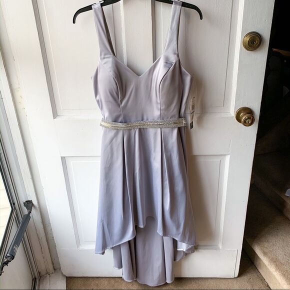 Sequin Hearts Nordstrom Silver High Low Belted Formal Dress, Size 9 NWT - Picture 2 of 8